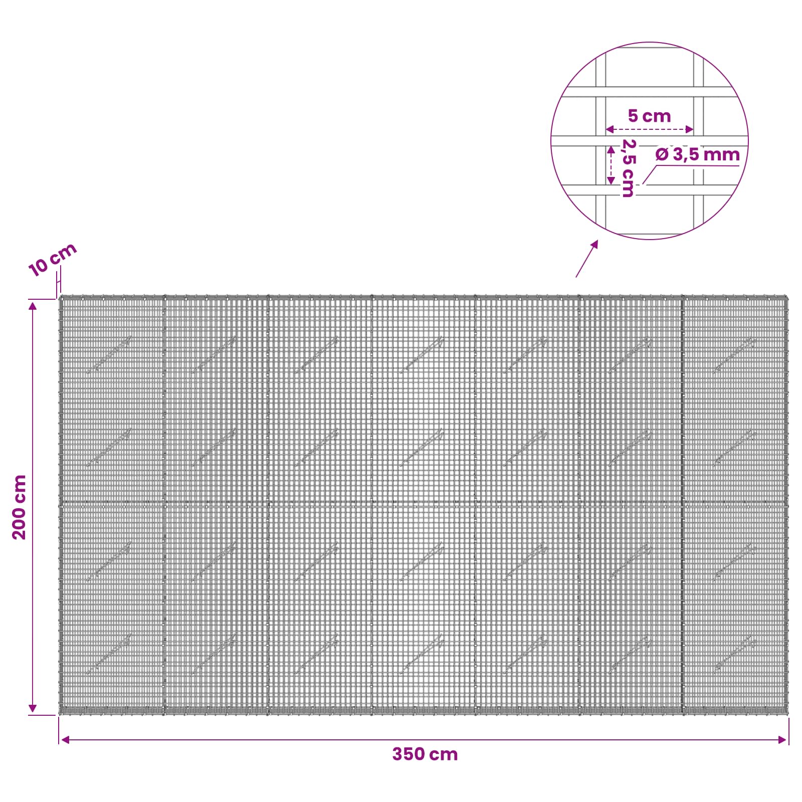 Gabion z žico 3,5 mm in mrežo 5x2,5 cm 350x10x200 cm