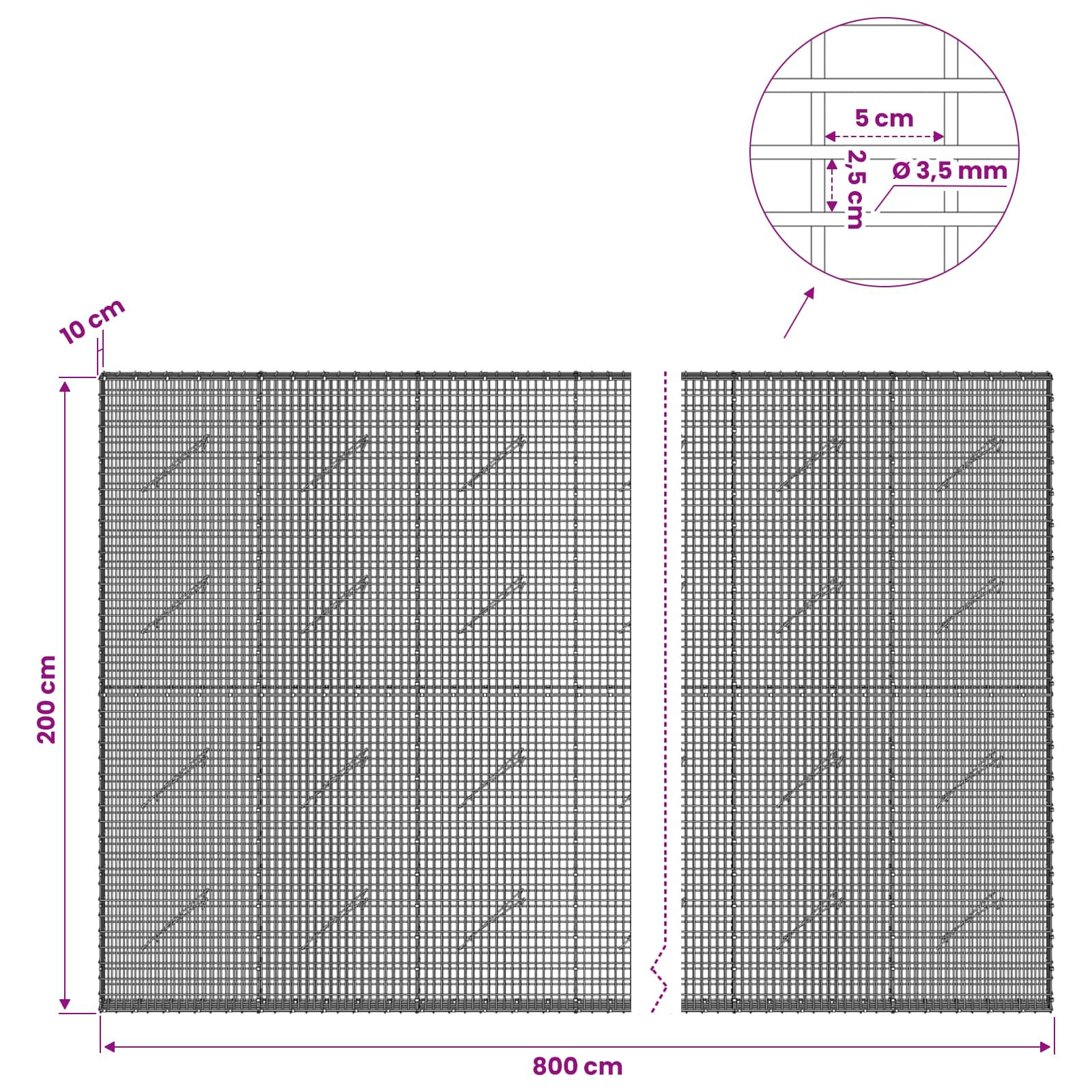 Gabion z žico 3,5 mm in mrežo 5x2,5 cm 800x10x200 cm