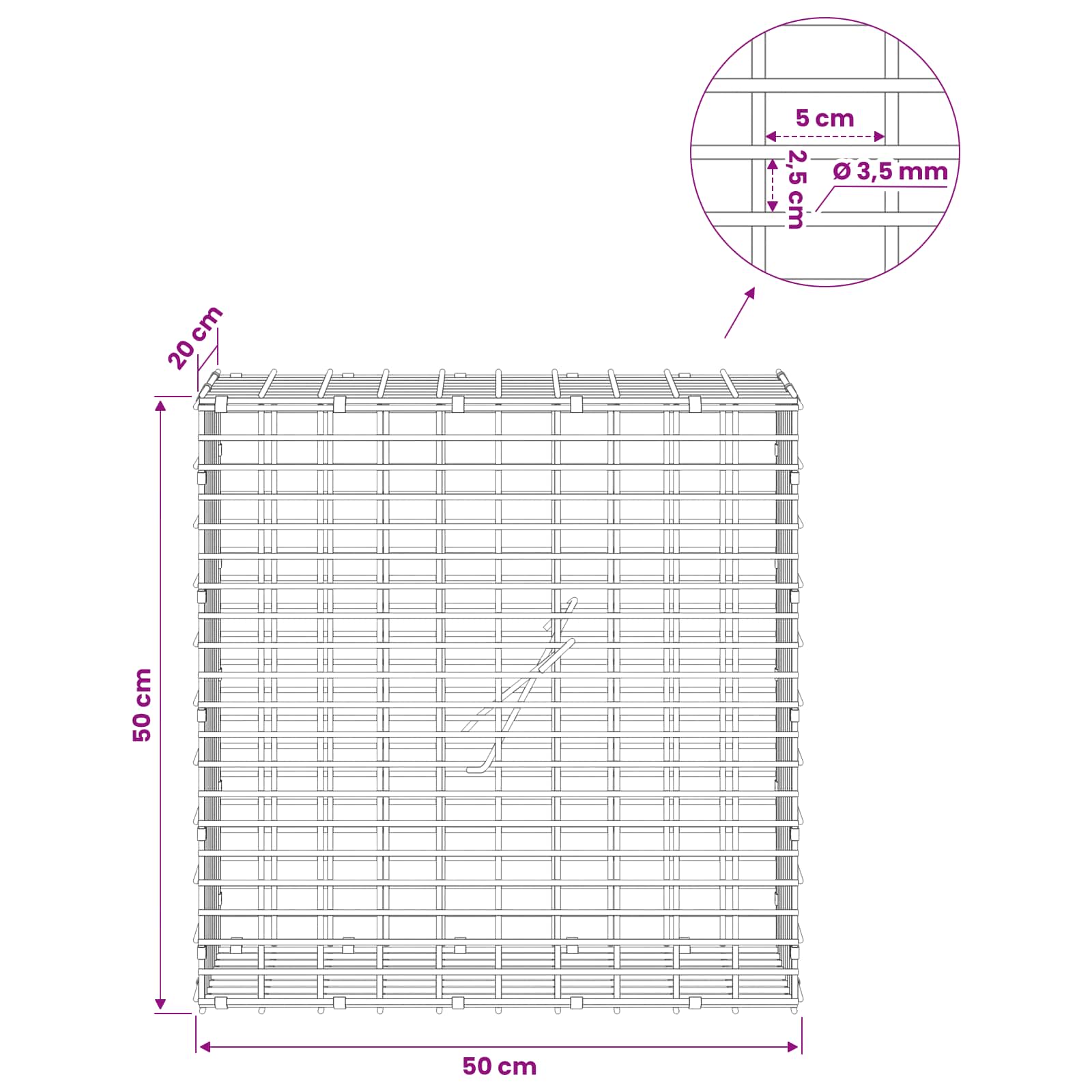 Gabion z žico 3,5 mm in mrežo 5x2,5 cm 50x20x50 cm