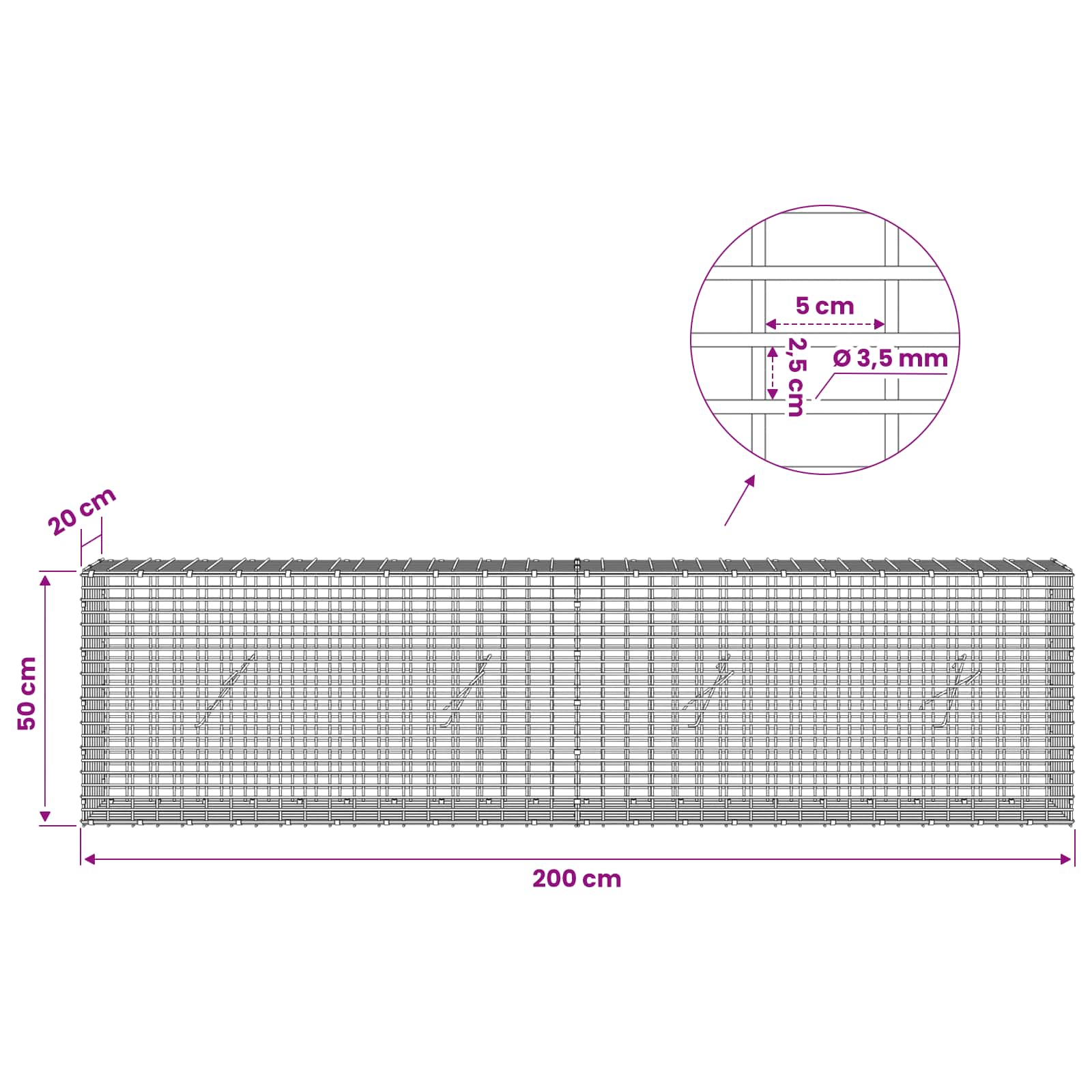 Gabion z žico 3,5 mm in mrežo 5x2,5 cm 200x20x50 cm