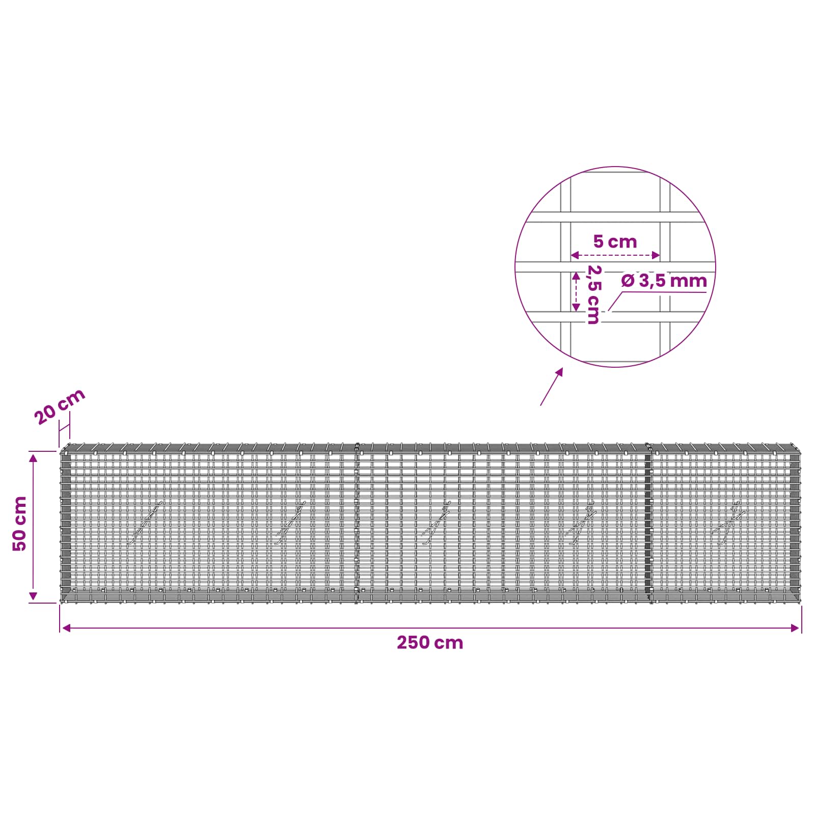 Gabion z žico 3,5 mm in mrežo 5x2,5 cm 250x20x50 cm