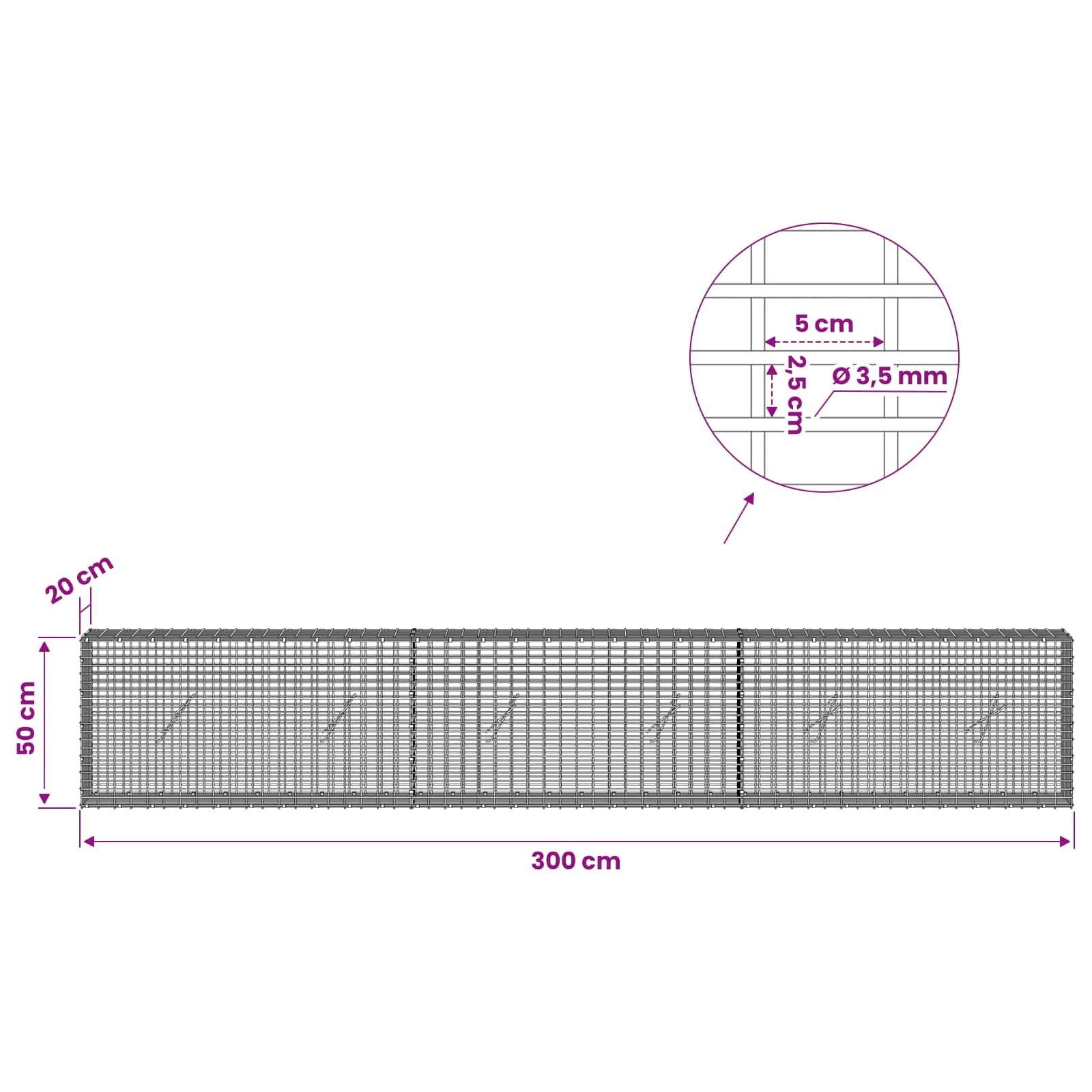 Gabion z žico 3,5 mm in mrežo 5x2,5 cm 300x20x50 cm
