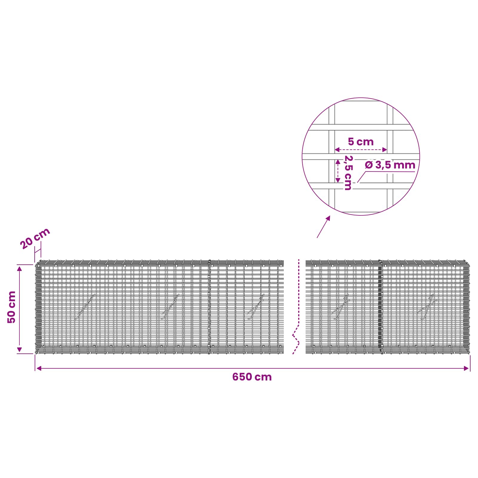 Gabion z žico 3,5 mm in mrežo 5x2,5 cm 650x20x50 cm
