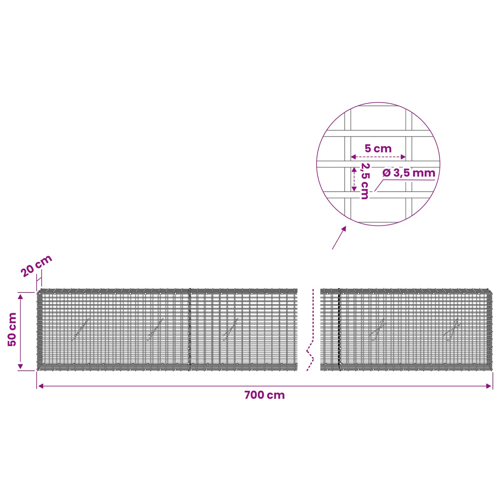 Gabion z žico 3,5 mm in mrežo 5x2,5 cm 700x20x50 cm
