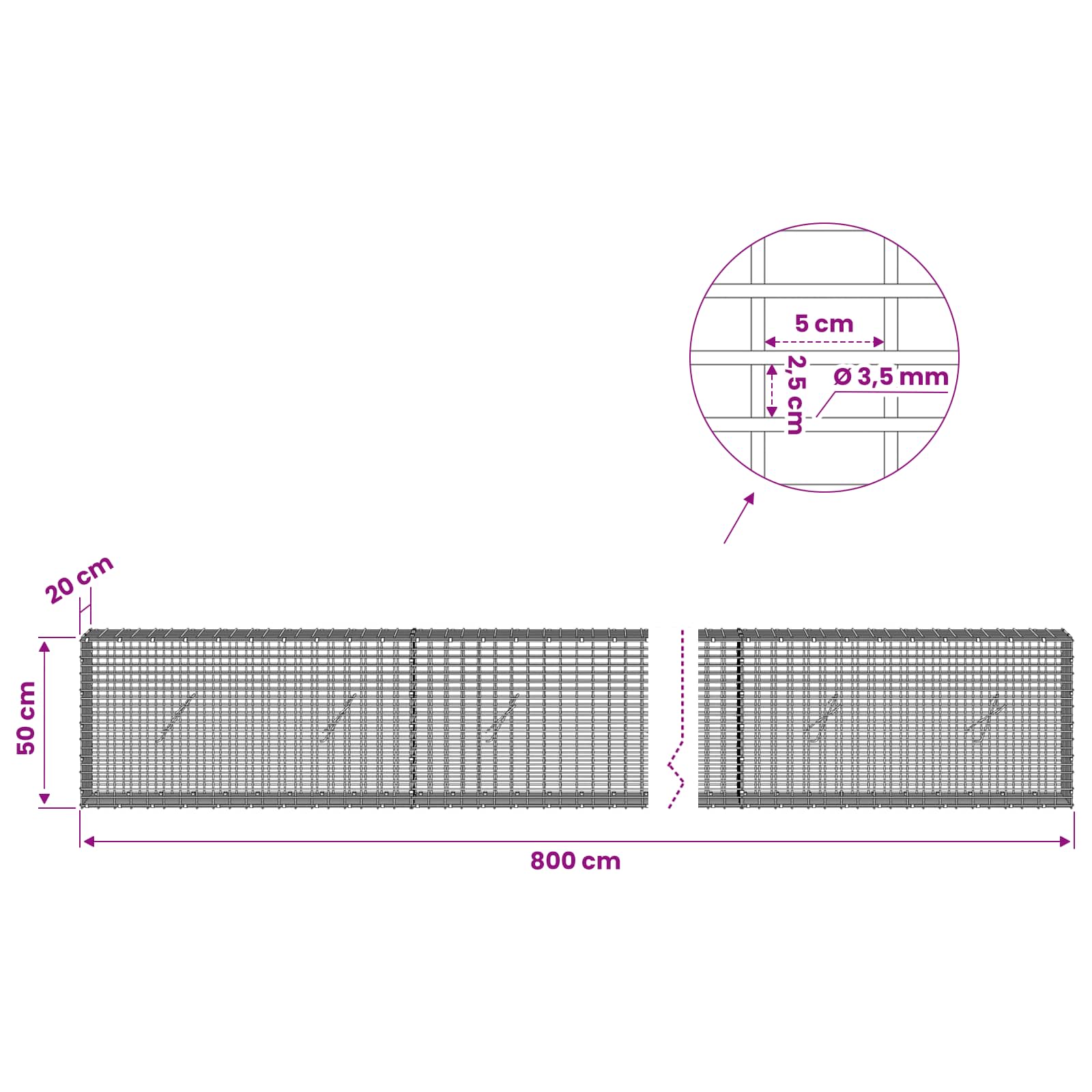 Gabion z žico 3,5 mm in mrežo 5x2,5 cm 800x20x50 cm