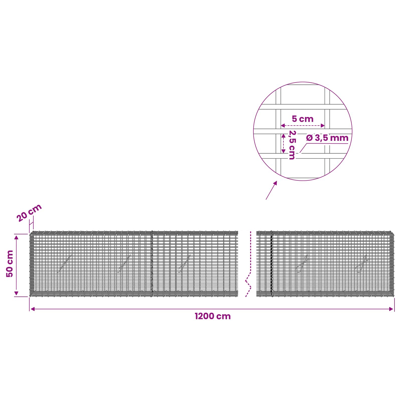 Gabion z žico 3,5 mm in mrežo 5x2,5 cm 1200x20x50 cm