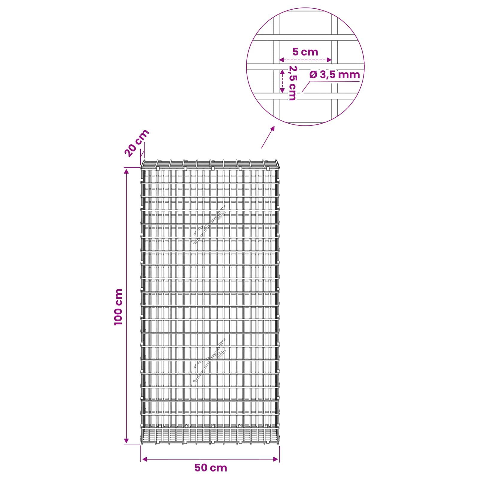 Gabion z žico 3,5 mm in mrežo 5x2,5 cm 50x20x100 cm