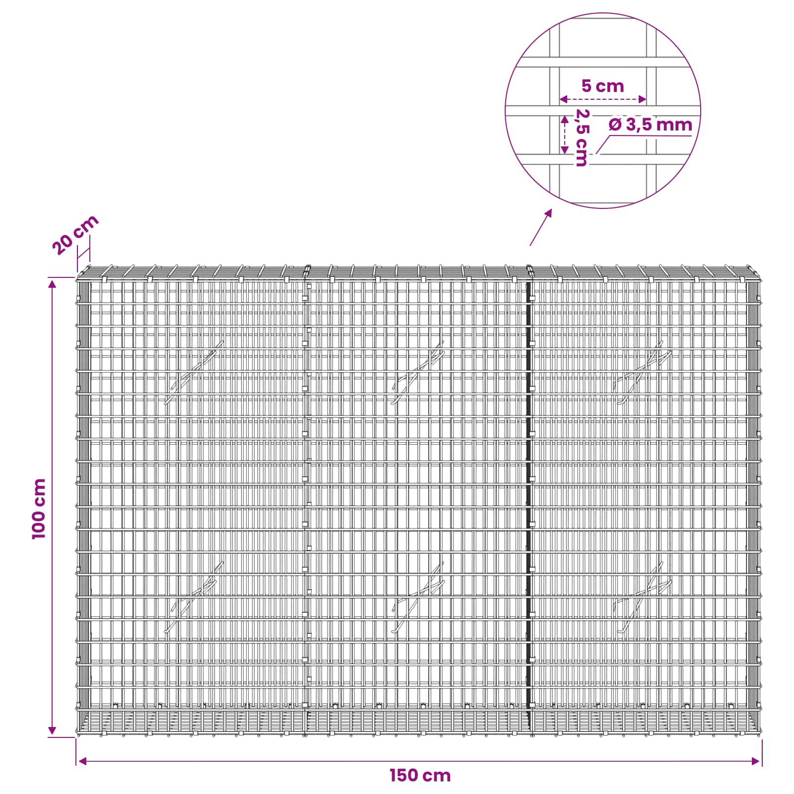 Gabion z žico 3,5 mm in mrežo 5x2,5 cm 150x20x100 cm