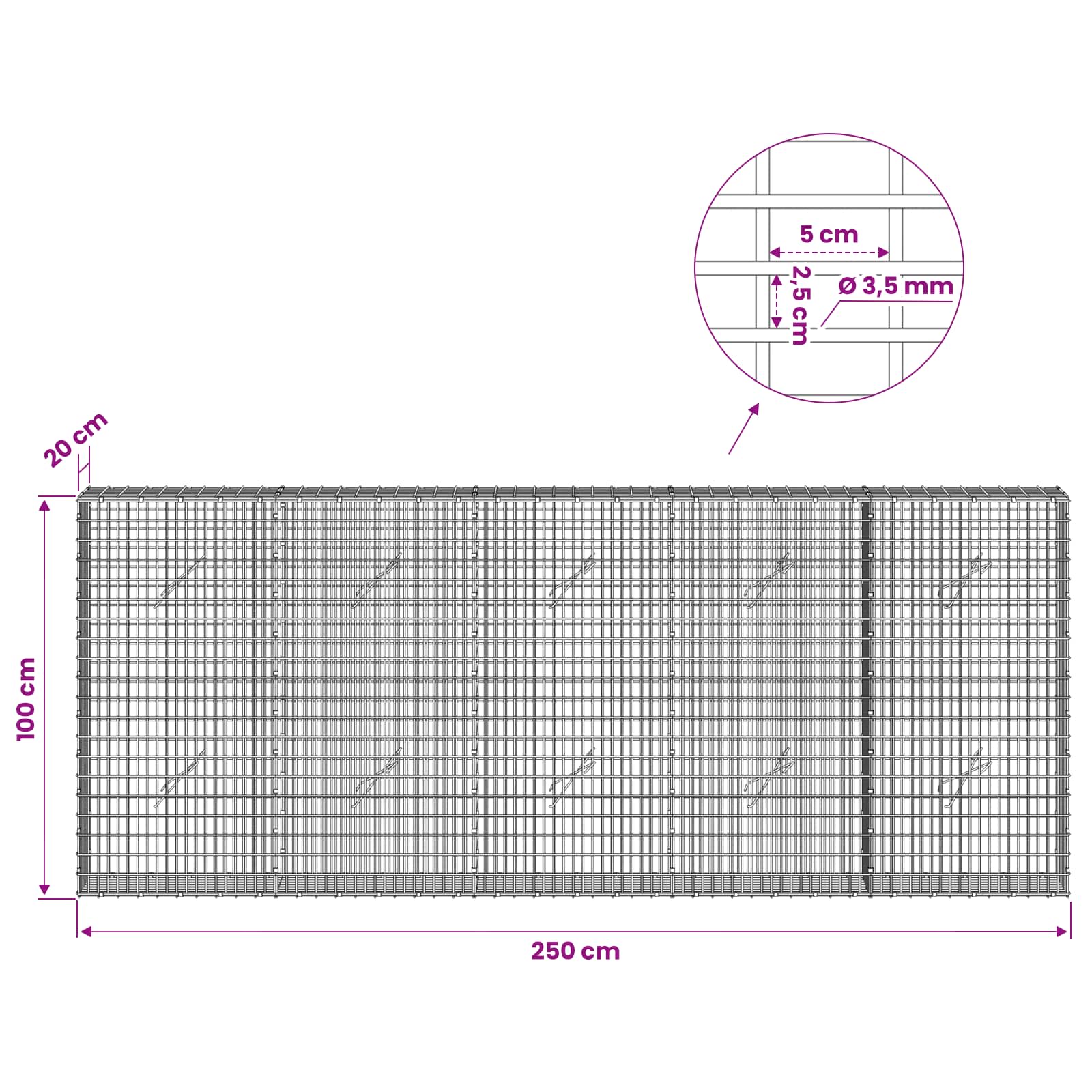 Gabion z žico 3,5 mm in mrežo 5x2,5 cm 250x20x100 cm