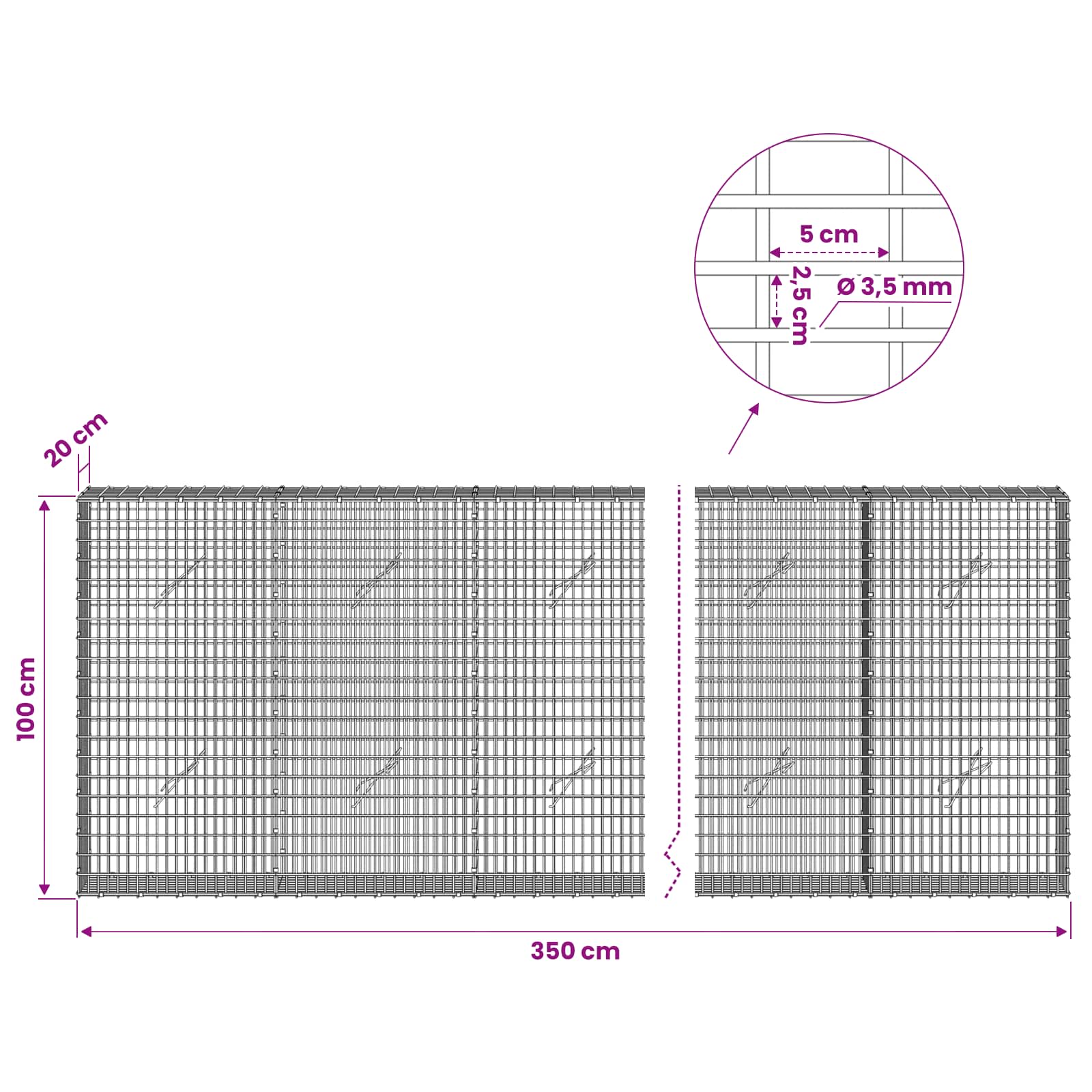 Gabion z žico 3,5 mm in mrežo 5x2,5 cm 350x20x100 cm
