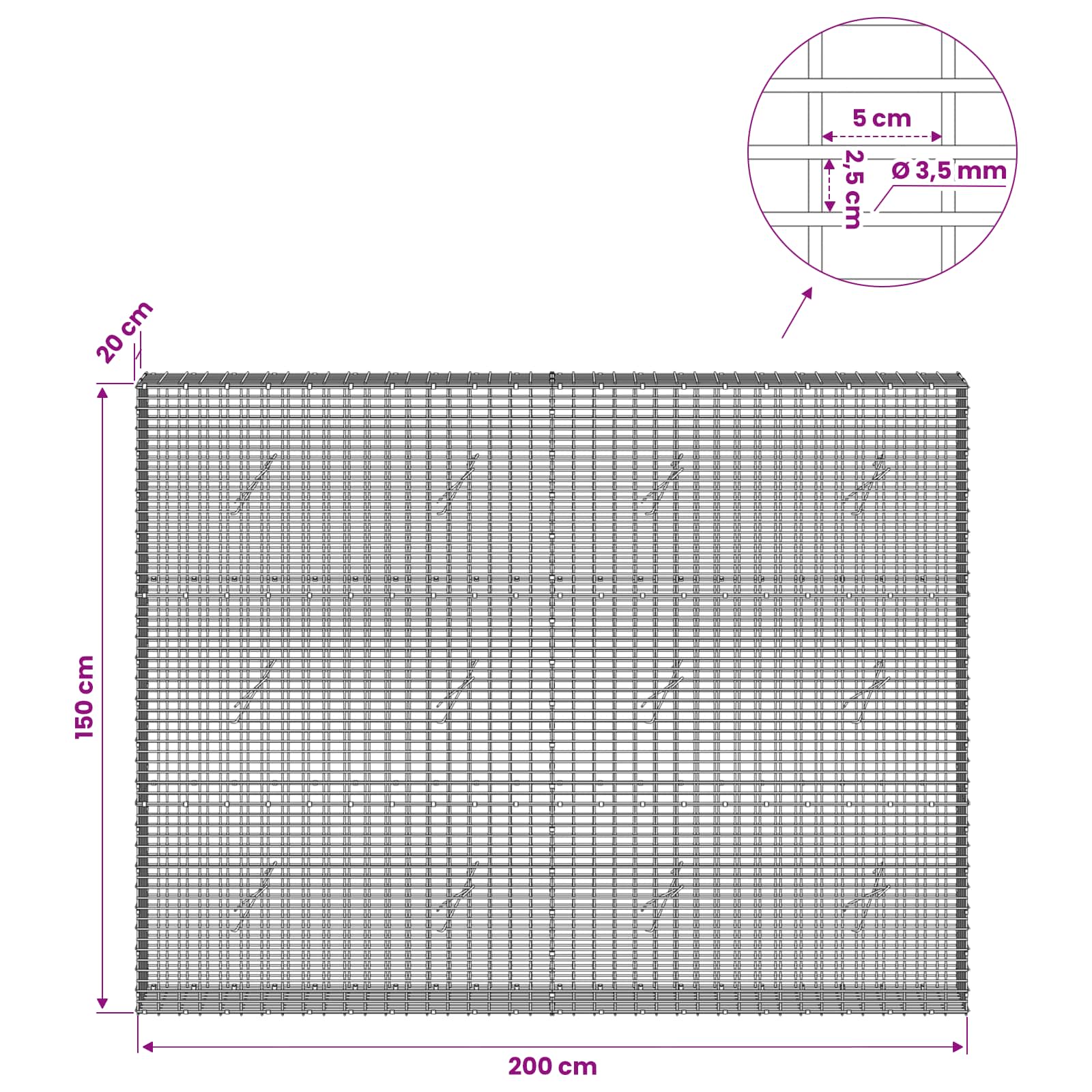 Gabion z žico 3,5 mm in mrežo 5x2,5 cm 200x20x150 cm