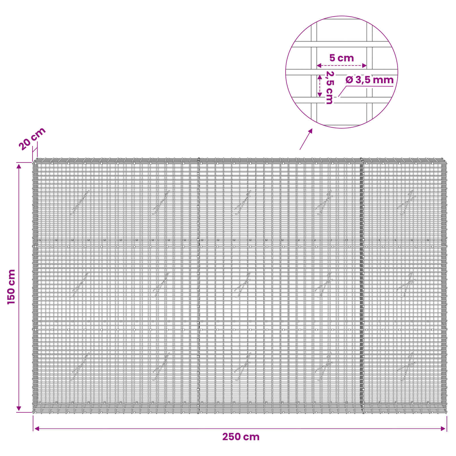 Gabion z žico 3,5 mm in mrežo 5x2,5 cm 250x20x150 cm