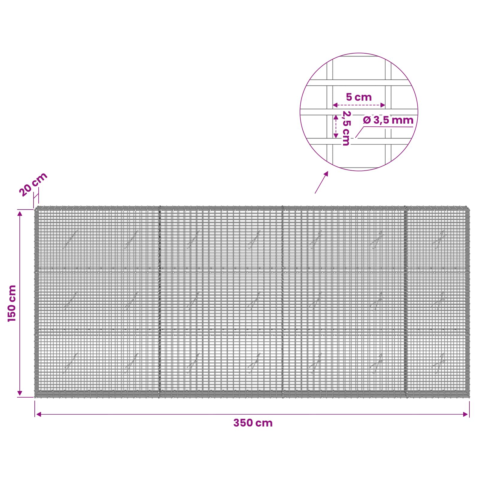 Gabion z žico 3,5 mm in mrežo 5x2,5 cm 350x20x150 cm