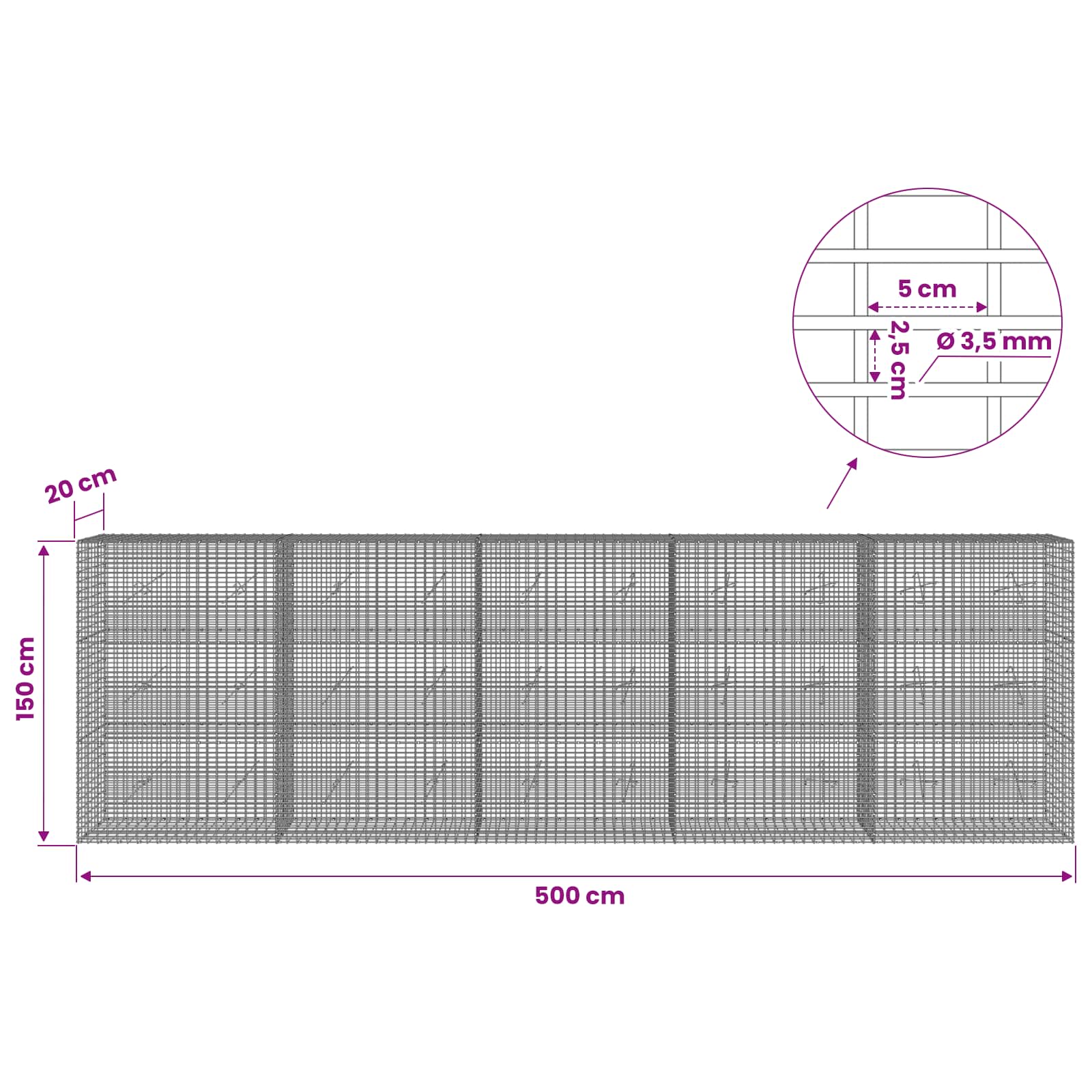 Gabion z žico 3,5 mm in mrežo 5x2,5 cm 500x20x150 cm