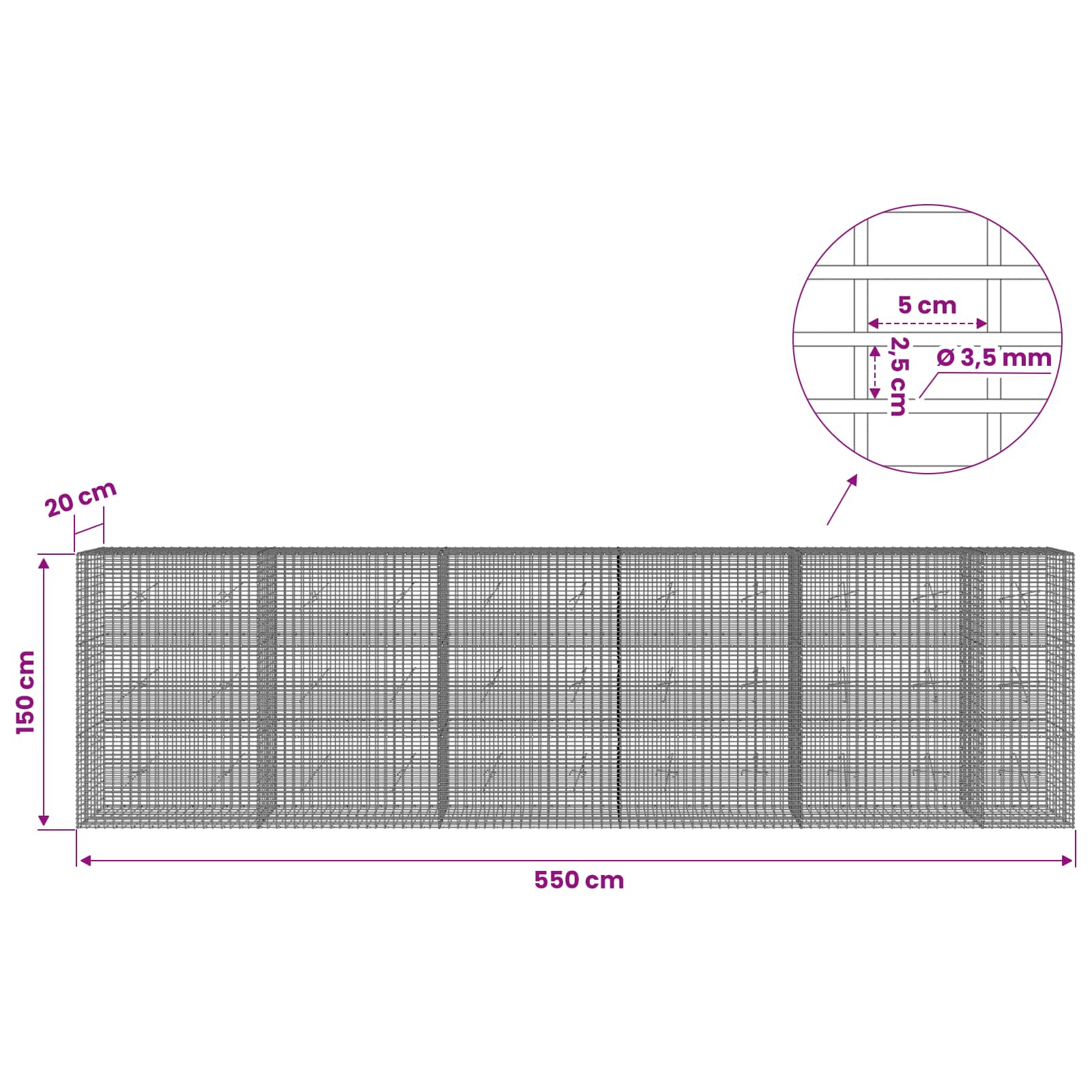 Gabion z žico 3,5 mm in mrežo 5x2,5 cm 550x20x150 cm