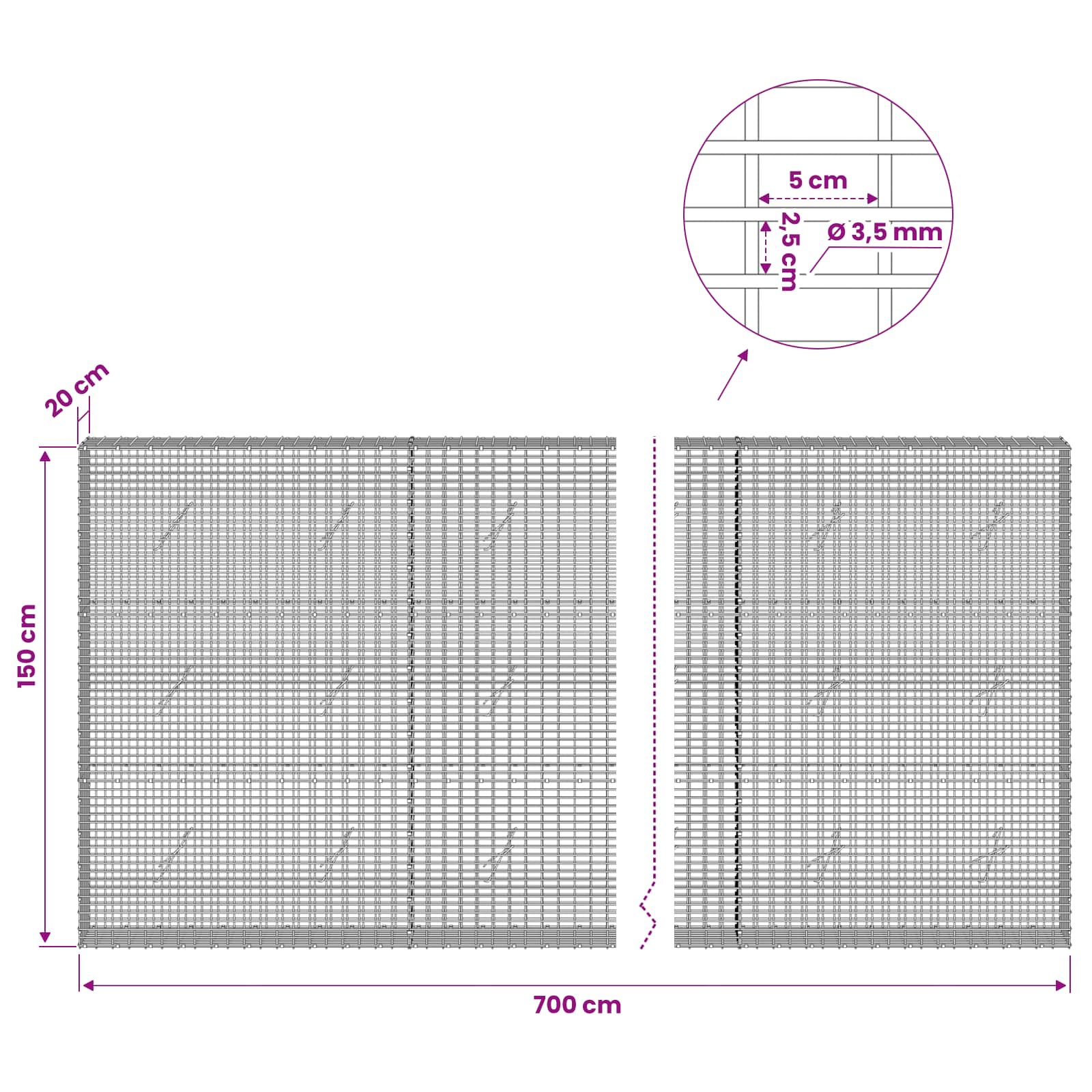 Gabion z žico 3,5 mm in mrežo 5x2,5 cm 700x20x150 cm