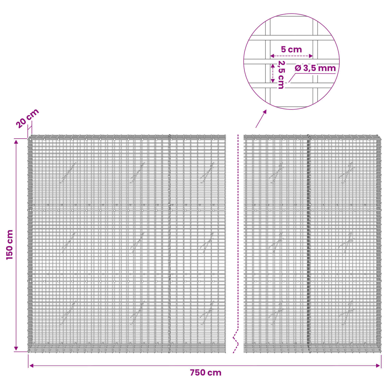 Gabion z žico 3,5 mm in mrežo 5x2,5 cm 750x20x150 cm