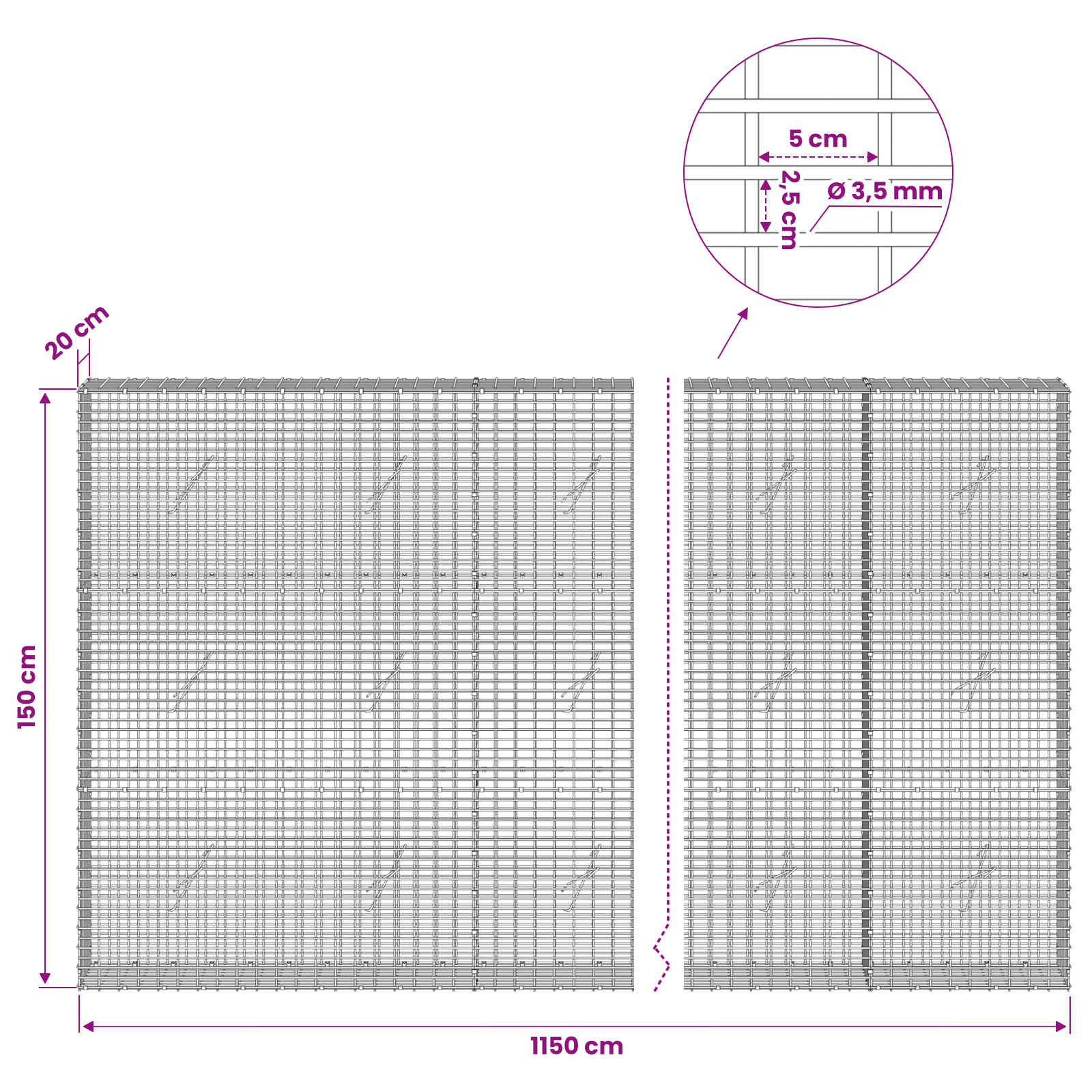 Gabion z žico 3,5 mm in mrežo 5x2,5 cm 1150x20x150 cm