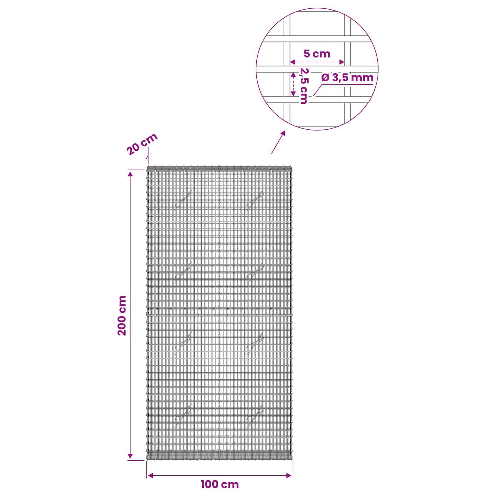 Gabion z žico 3,5 mm in mrežo 5x2,5 cm 100x20x200 cm