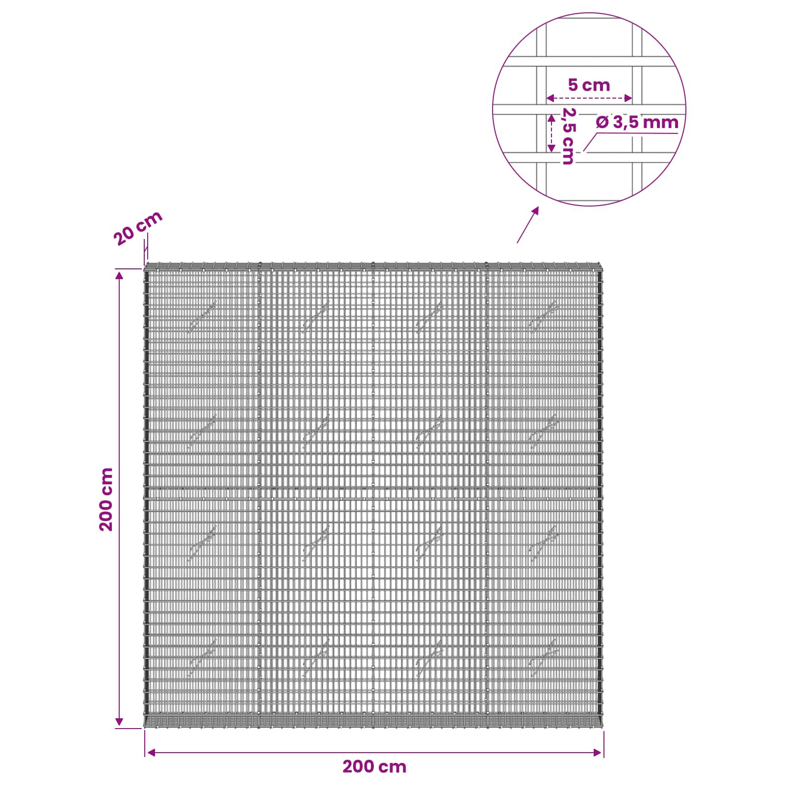 Gabion z žico 3,5 mm in mrežo 5x2,5 cm 200x20x200 cm