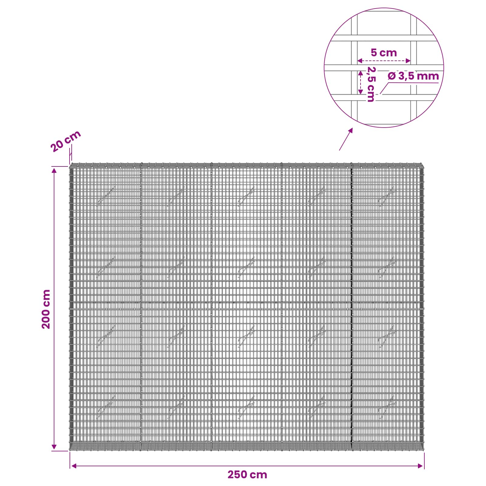 Gabion z žico 3,5 mm in mrežo 5x2,5 cm 250x20x200 cm