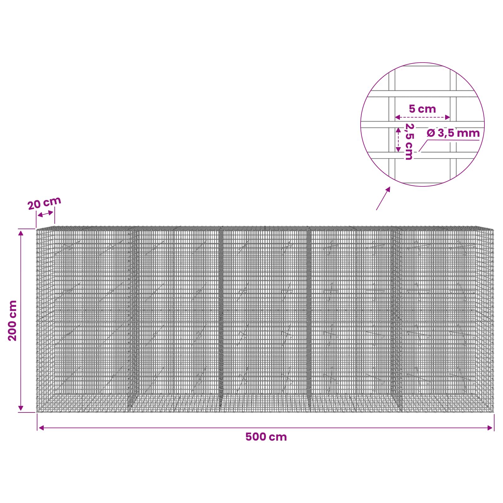 Gabion z žico 3,5 mm in mrežo 5x2,5 cm 500x20x200 cm