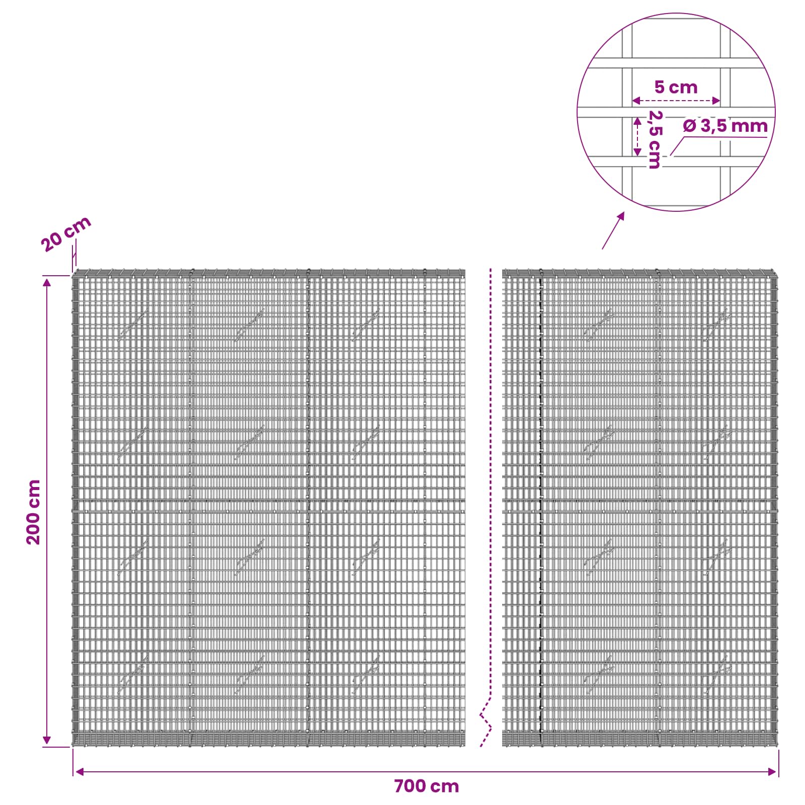 Gabion z žico 3,5 mm in mrežo 5x2,5 cm 700x20x200 cm