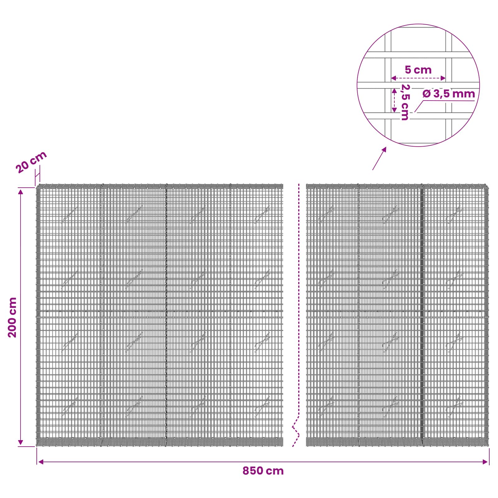 Gabion z žico 3,5 mm in mrežo 5x2,5 cm 850x20x200 cm