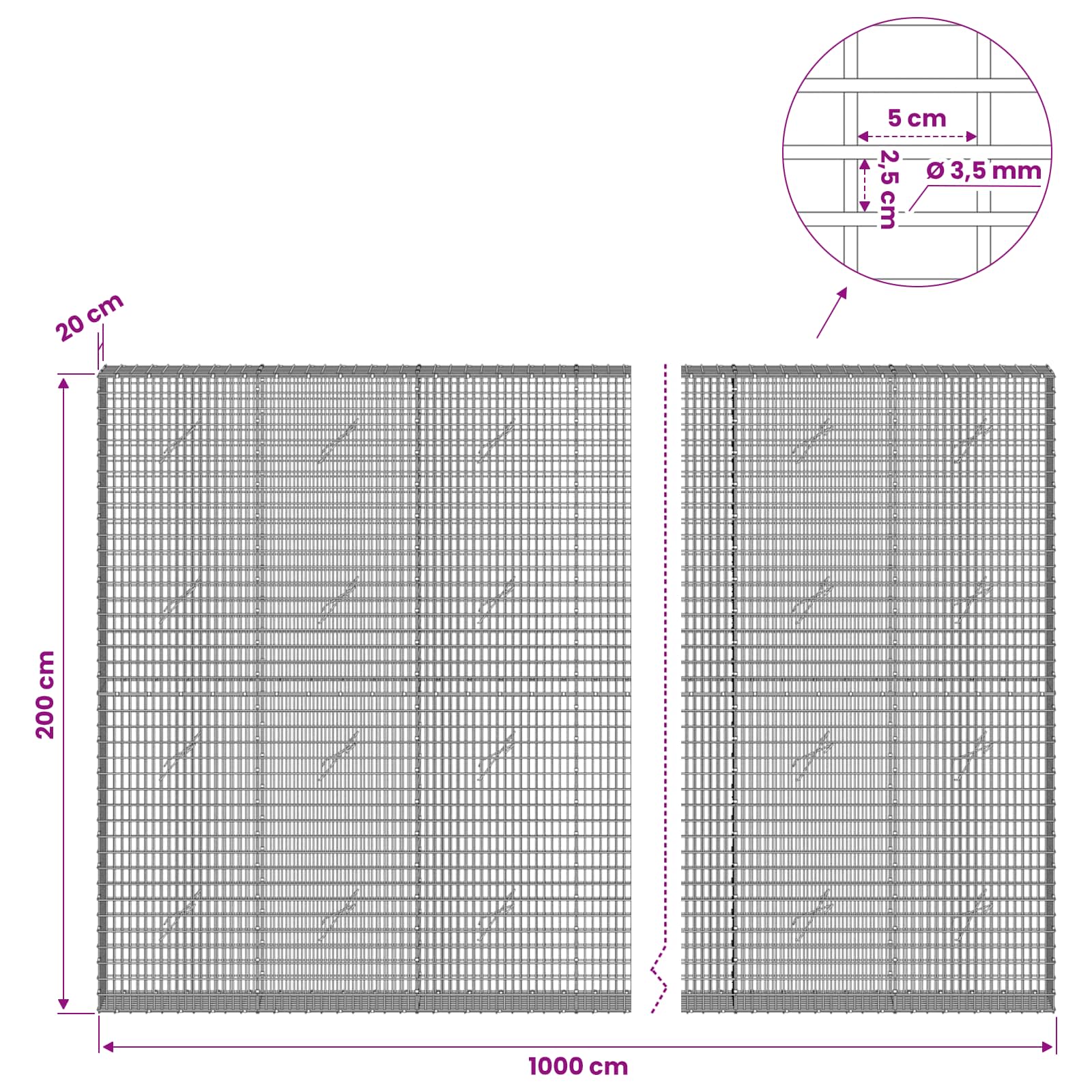Gabion z žico 3,5 mm in mrežo 5x2,5 cm 1000x20x200 cm