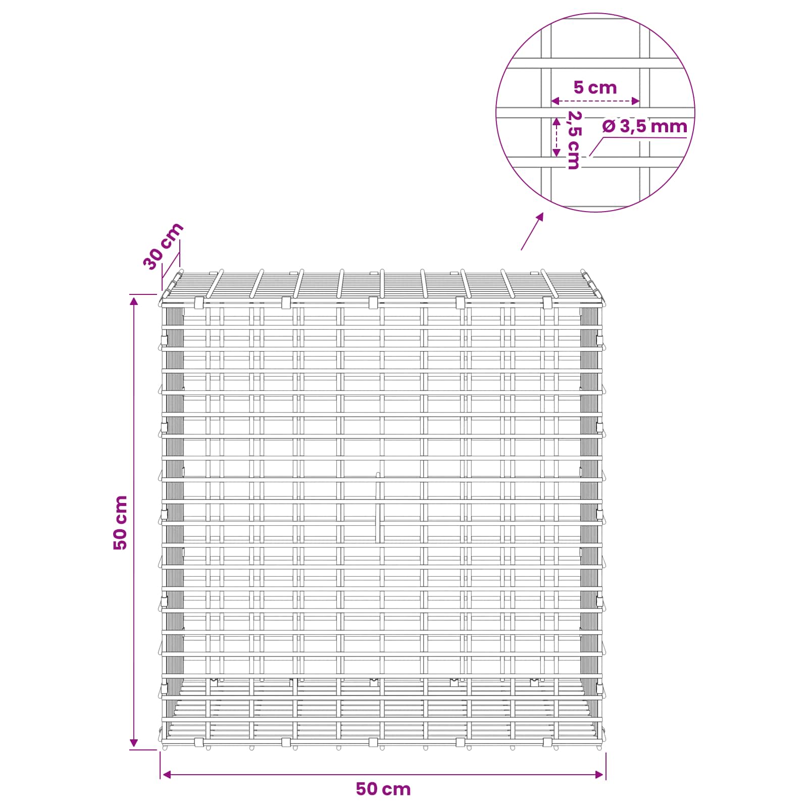 Gabion z žico 3,5 mm in mrežo 5x2,5 cm 50x30x50 cm