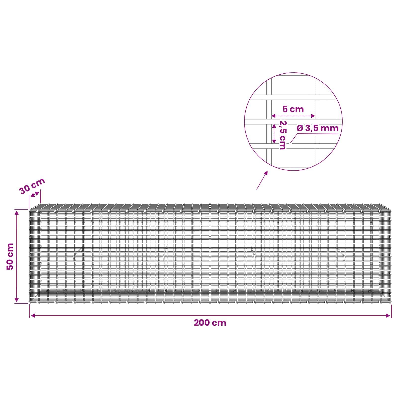 Gabion z žico 3,5 mm in mrežo 5x2,5 cm 200x30x50 cm