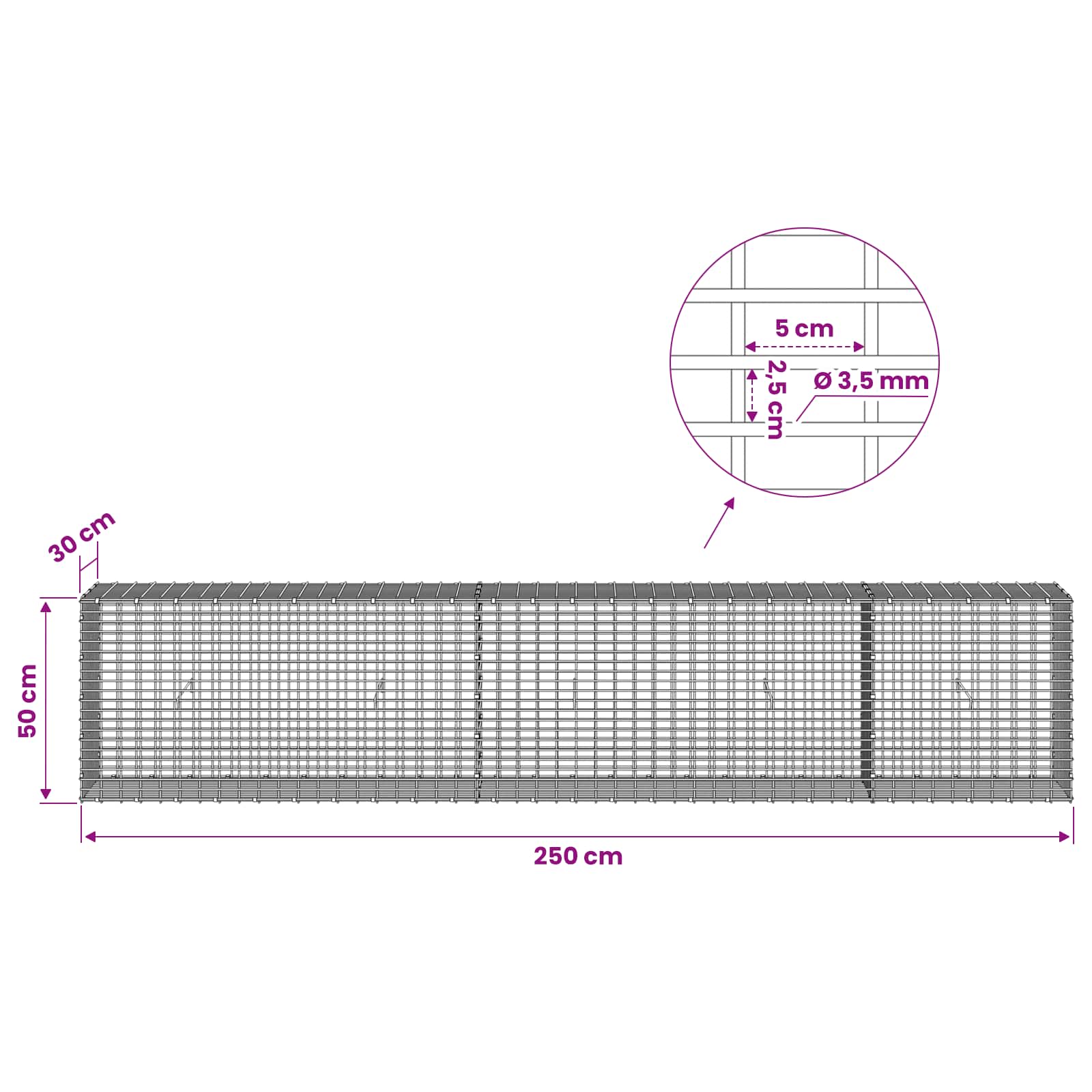 Gabion z žico 3,5 mm in mrežo 5x2,5 cm 250x30x50 cm