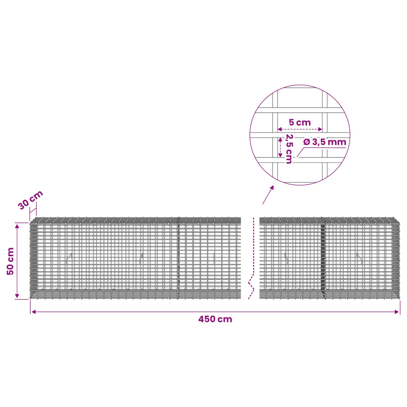 Gabion z žico 3,5 mm in mrežo 5x2,5 cm 450x30x50 cm