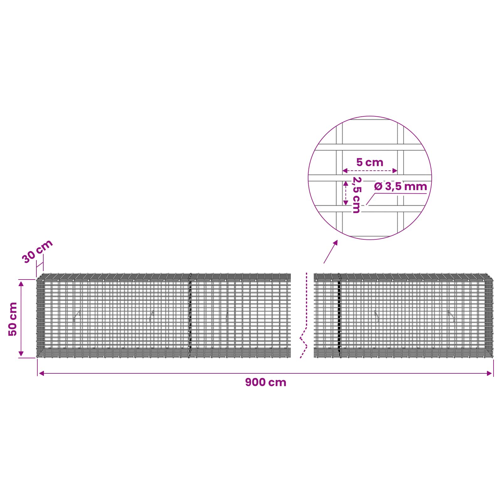 Gabion z žico 3,5 mm in mrežo 5x2,5 cm 900x30x50 cm