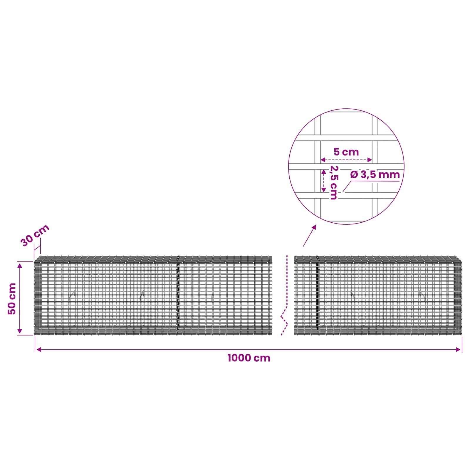 Gabion z žico 3,5 mm in mrežo 5x2,5 cm 1000x30x50 cm