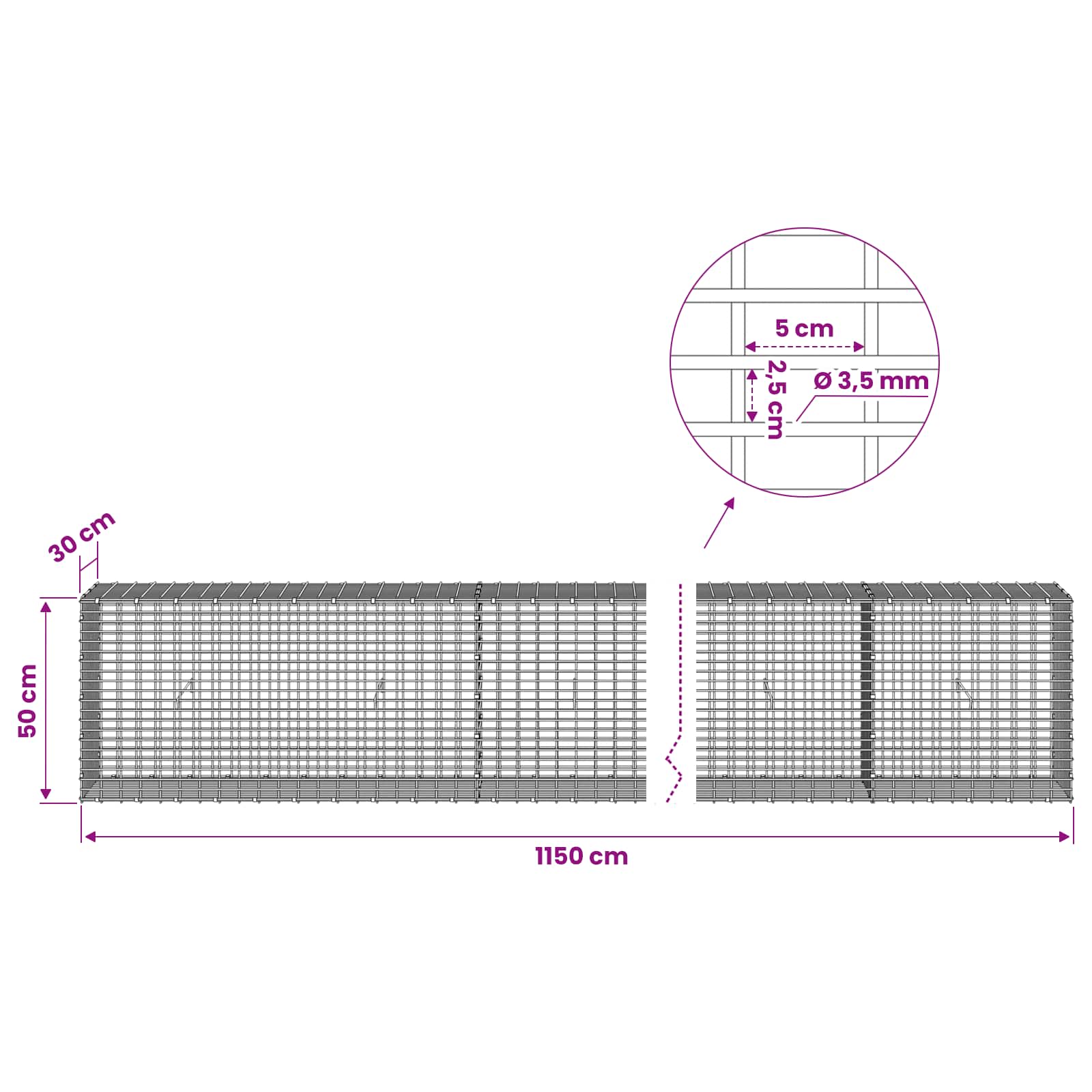Gabion z žico 3,5 mm in mrežo 5x2,5 cm 1150x30x50 cm