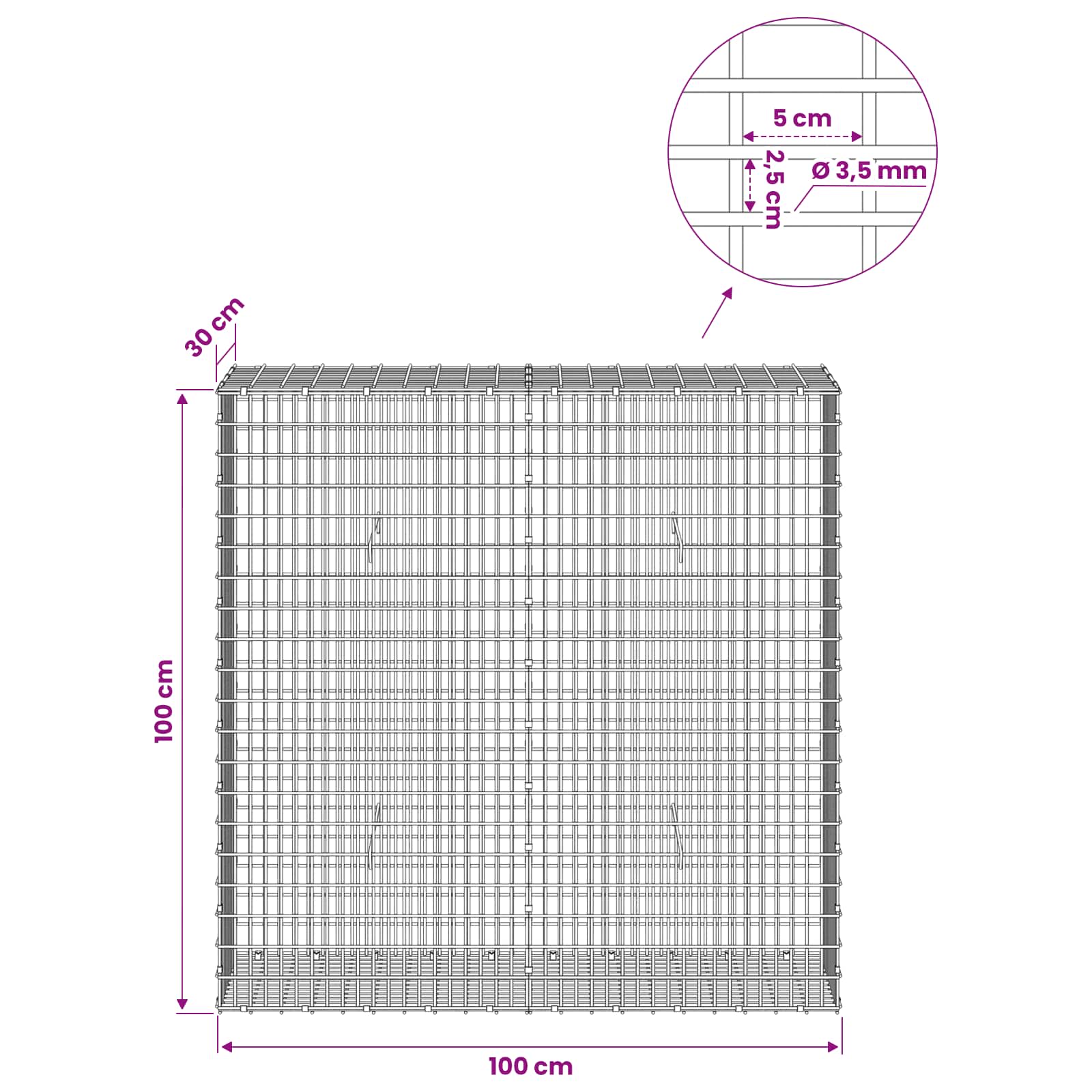 Gabion z žico 3,5 mm in mrežo 5x2,5 cm 100x30x100 cm