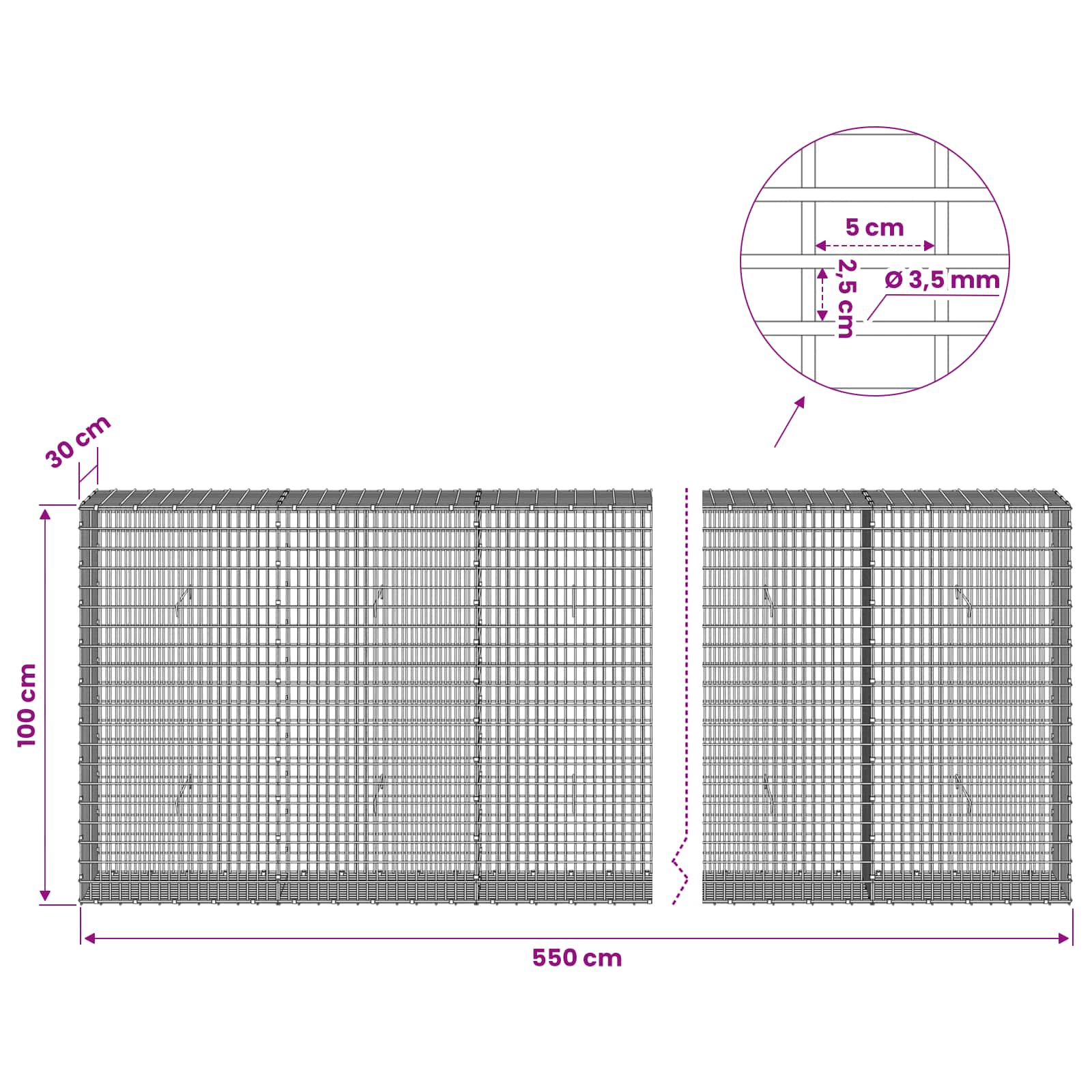 Gabion z žico 3,5 mm in mrežo 5x2,5 cm 550x30x100 cm