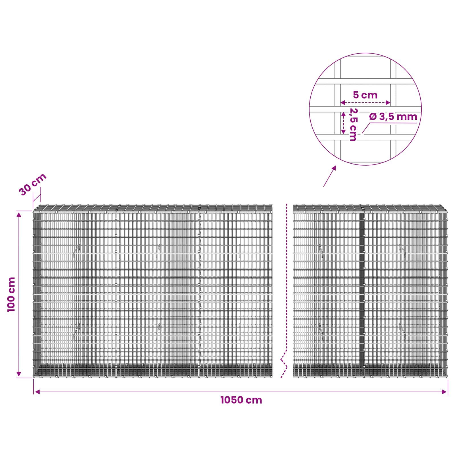 Gabion z žico 3,5 mm in mrežo 5x2,5 cm 1050x30x100 cm