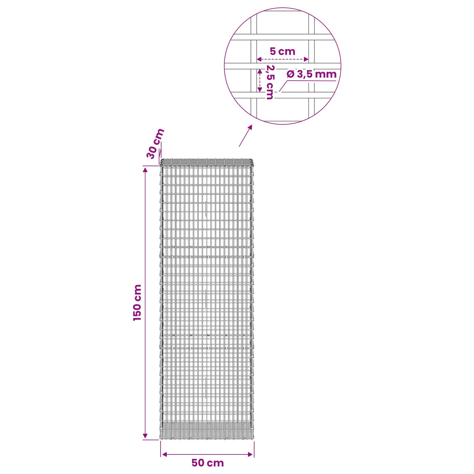 Gabion z žico 3,5 mm in mrežo 5x2,5 cm 50x30x150 cm