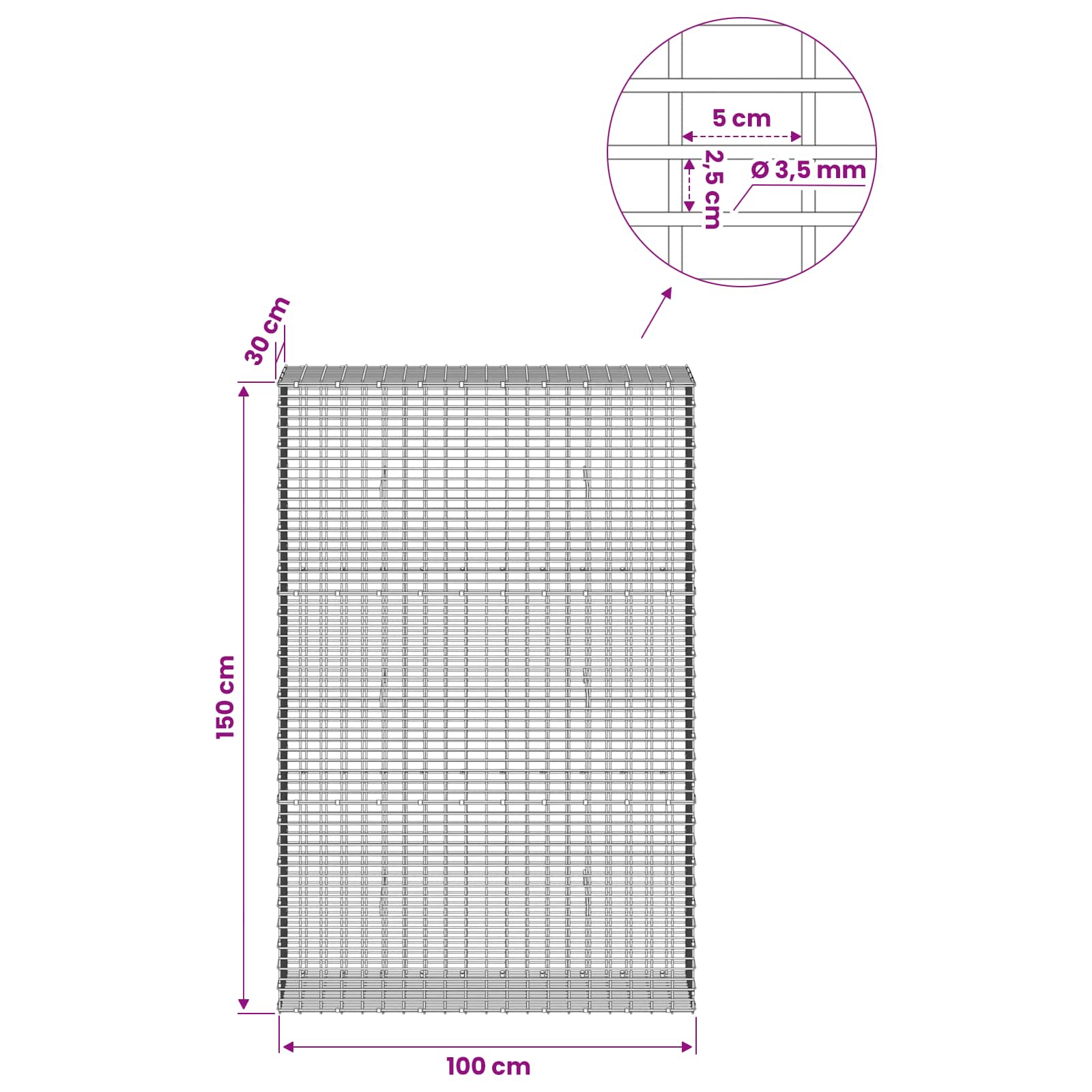 Gabion z žico 3,5 mm in mrežo 5x2,5 cm 100x30x150 cm