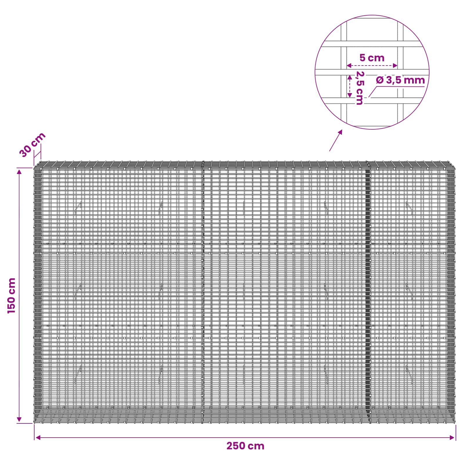 Gabion z žico 3,5 mm in mrežo 5x2,5 cm 250x30x150 cm