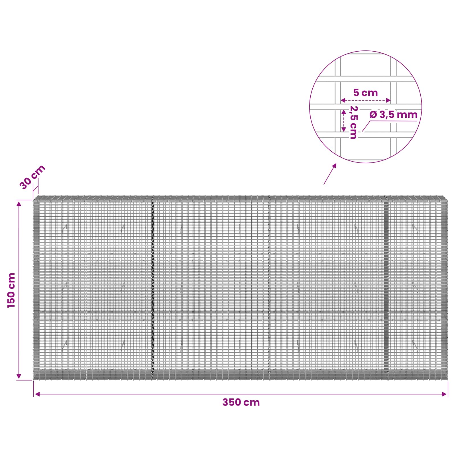 Gabion z žico 3,5 mm in mrežo 5x2,5 cm 350x30x150 cm