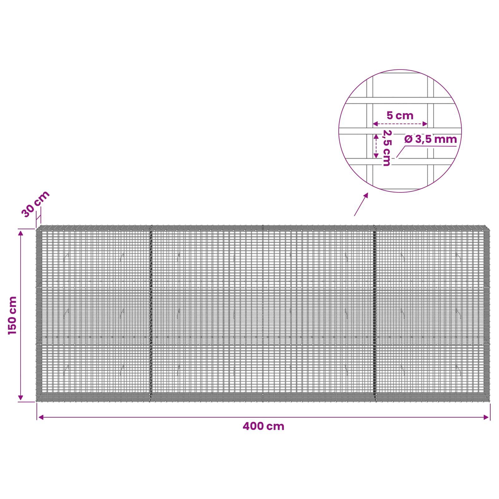 Gabion z žico 3,5 mm in mrežo 5x2,5 cm 400x30x150 cm
