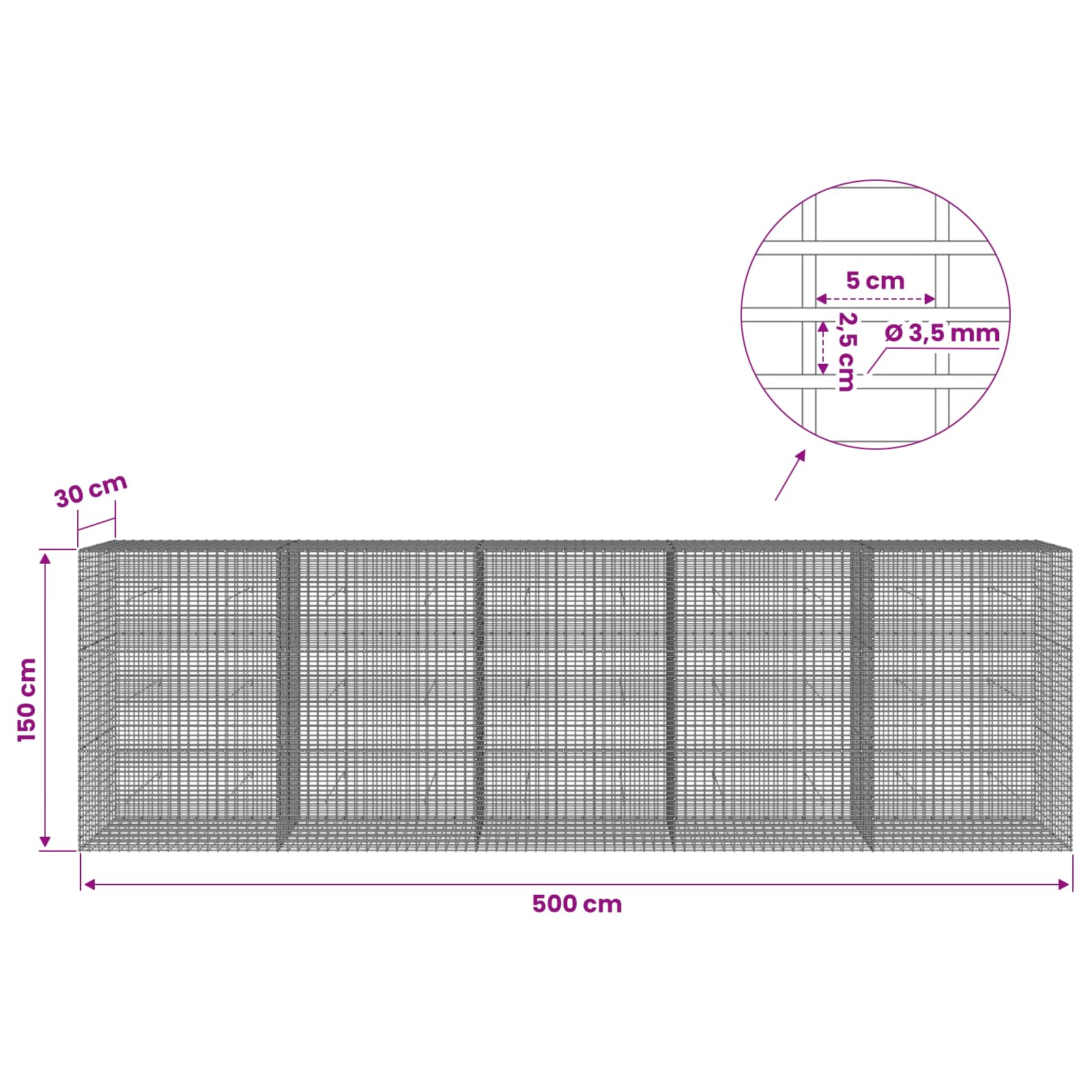 Gabion z žico 3,5 mm in mrežo 5x2,5 cm 500x30x150 cm