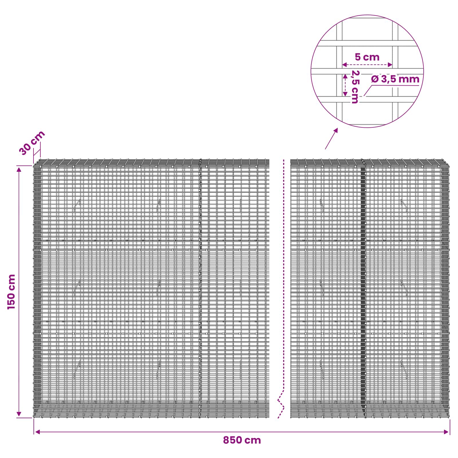 Gabion z žico 3,5 mm in mrežo 5x2,5 cm 850x30x150 cm