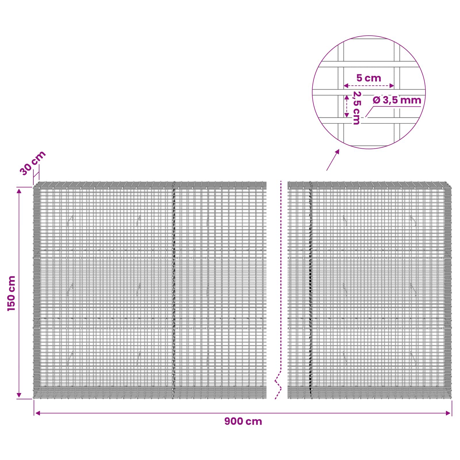 Gabion z žico 3,5 mm in mrežo 5x2,5 cm 900x30x150 cm