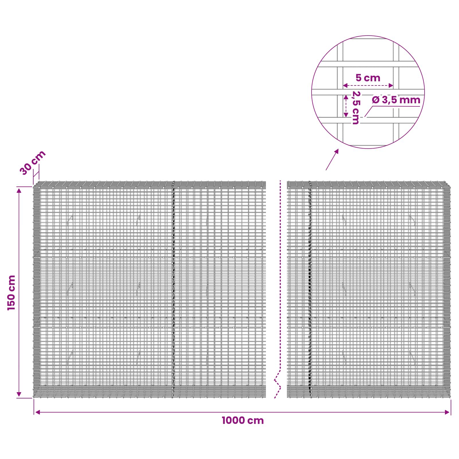 Gabion z žico 3,5 mm in mrežo 5x2,5 cm 1000x30x150 cm