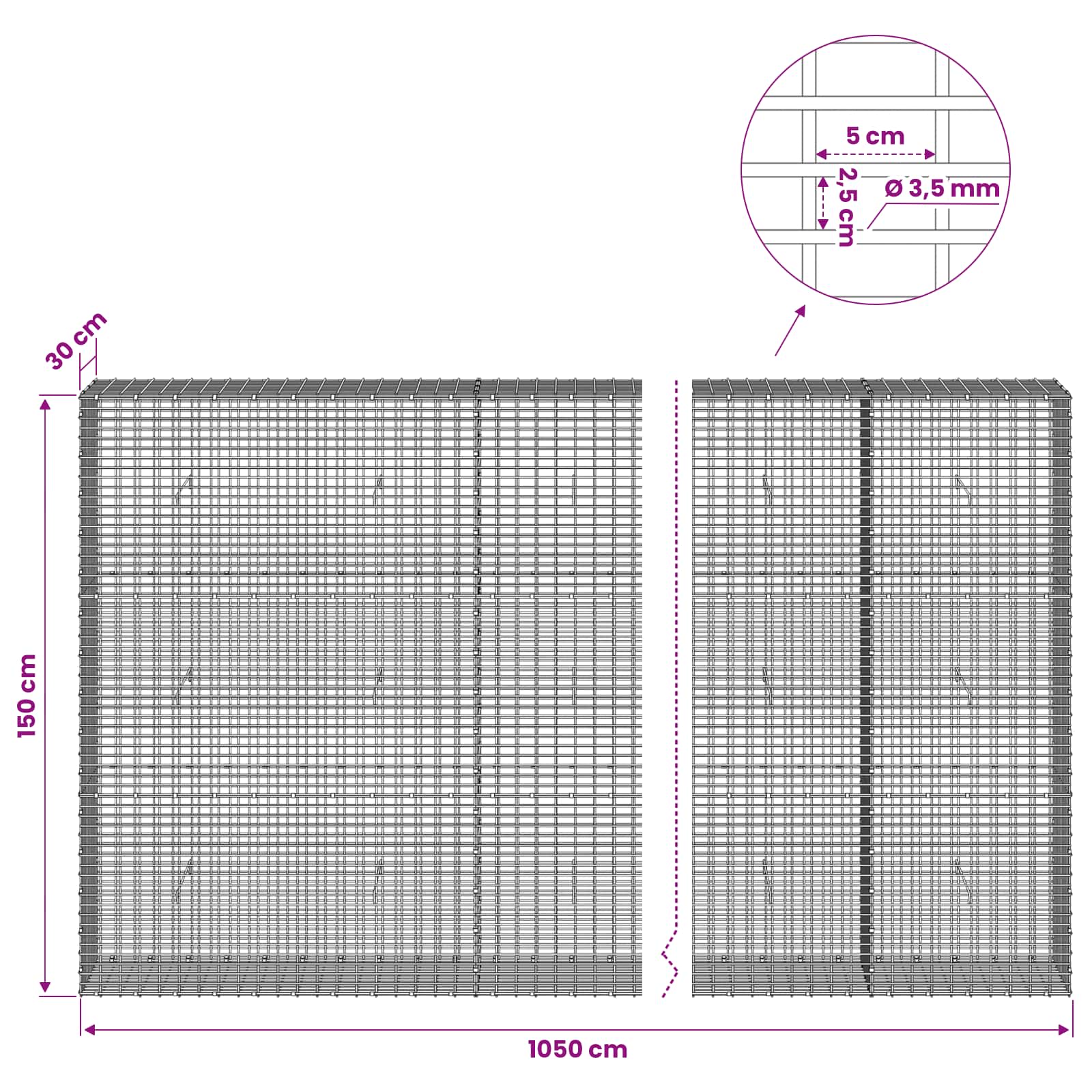Gabion z žico 3,5 mm in mrežo 5x2,5 cm 1050x30x150 cm