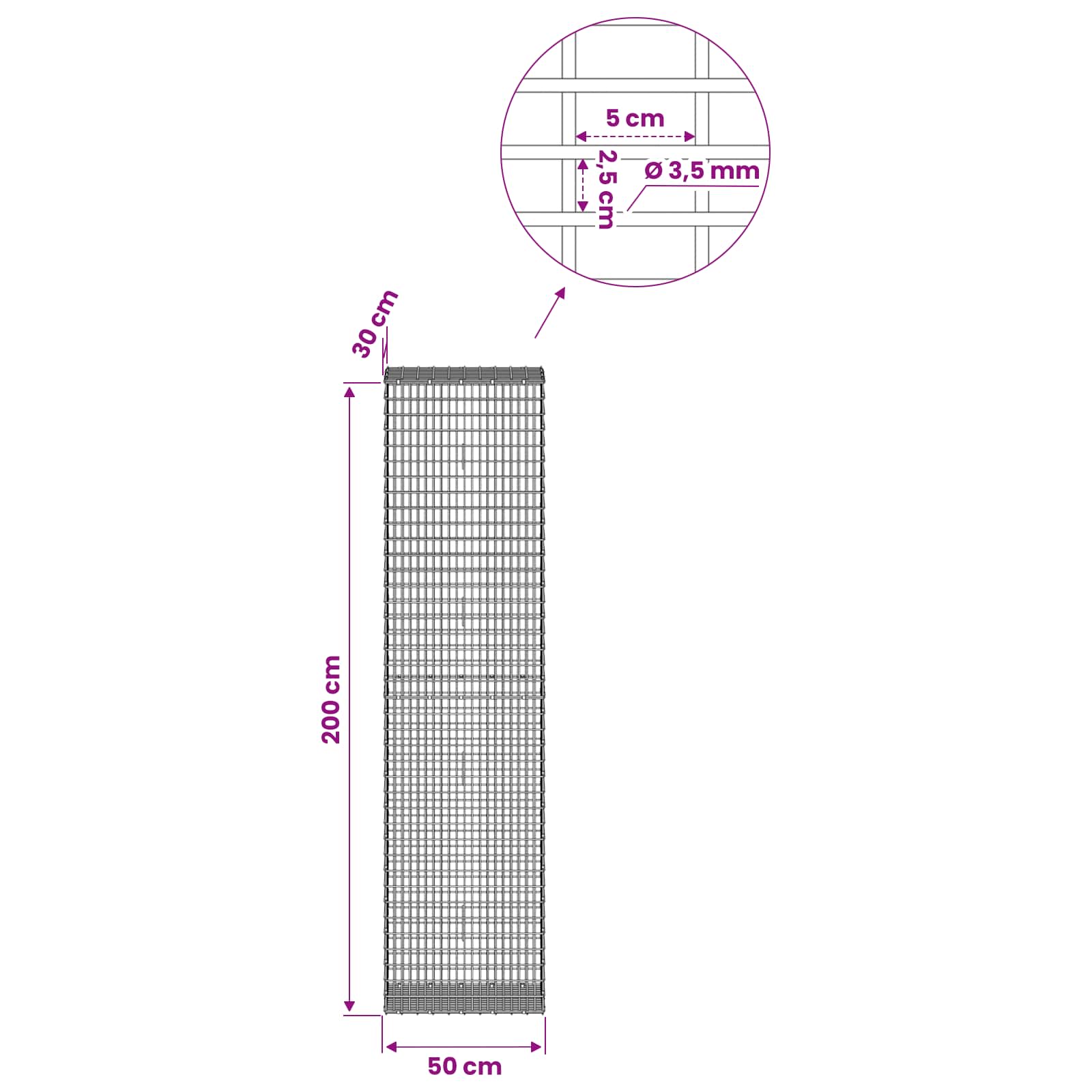 Gabion z žico 3,5 mm in mrežo 5x2,5 cm 50x30x200 cm
